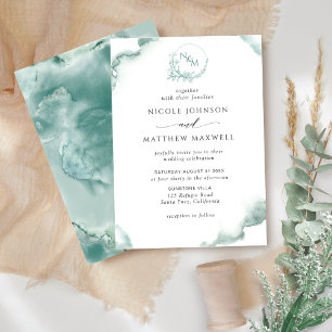 Convite Silver Sage Watercolor, Casamento de Monograma Ele