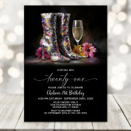 Convite Silver Sequin Boots 21st Birthday Party