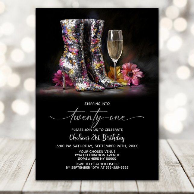 Convite Silver Sequin Boots 21st Birthday Party (Criador carregado)