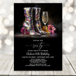 Convite Silver Sequin Boots 60th Birthday Party