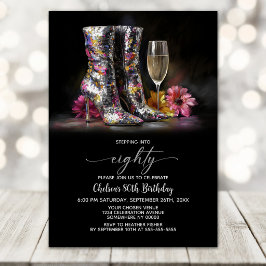 Convite Silver Sequin Boots 80th Birthday Party