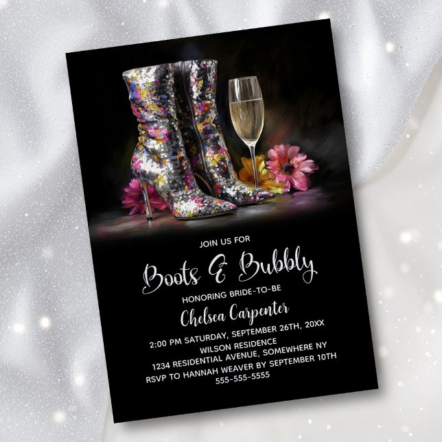 Convite Silver Sequin Boots and Bubbly Bridal Shower (Criador carregado)
