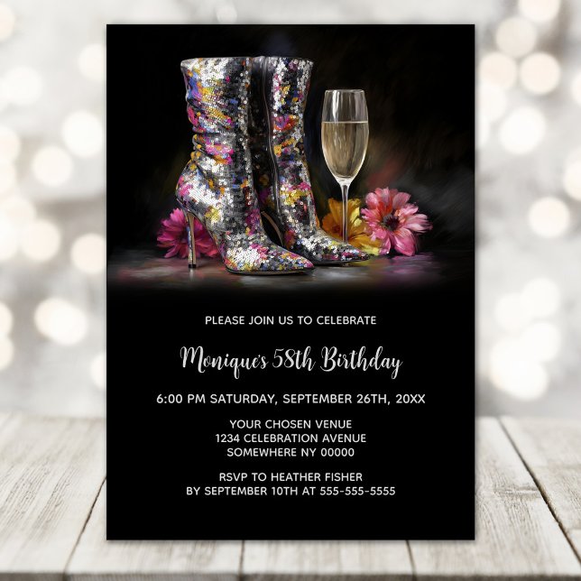 Convite Silver Sequin Boots Any Age Birthday Party (Criador carregado)
