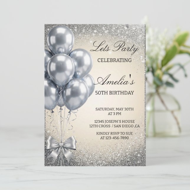 Convite Silver Sequins Let's Birthday Party Invitation (Em pé/Frente)