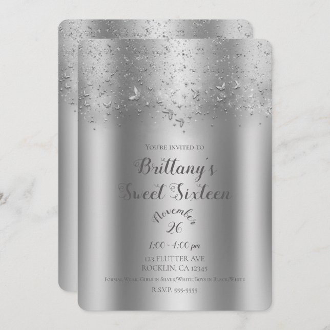 Convite Silver Shimmer Flautter Butterfly Sweet 16 Party (Frente/Verso)