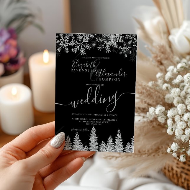 Convite Silver snow pine black Christmas winter wedding (Silver snow pine black Christmas winter wedding Invitation)