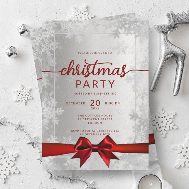 Convite Silver Snowflakes Companhia de Flocos de Neves Fre (Silver Snowflakes Company Christmas Red Ribbon Invitation)