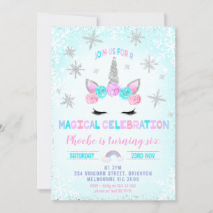 Convite Silver Snowflakes Winter Unicorn Face Aniversário
