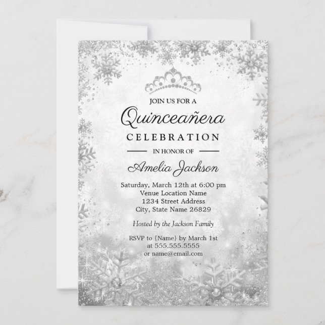 Convite Silver Snowflakes Winter Wonderland Quinceanera (Frente)