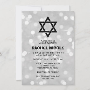 Convite Silver Sparkle Bokeh Bat Mitzvah e Star de David