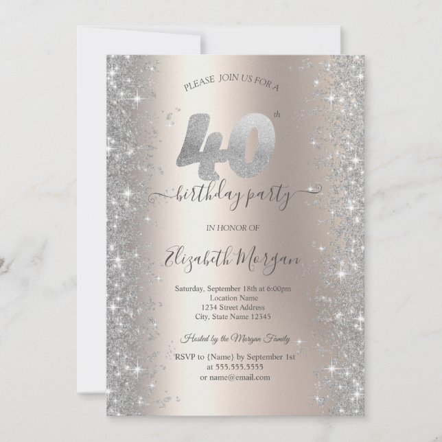 Convite Silver Sparkle Diamantes do aniversário de 40 anos (Frente)