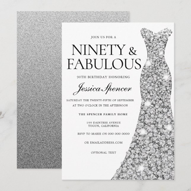 Convite Silver Sparkle Dress 90 e Fabuloso 90 aniversário (Frente/Verso)