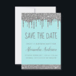 Convite Silver Sparkle Glitter Sweet 16 Salve a data<br><div class="desc">Silver e Teal Aqua Robin's Egg Blue Sparkle Drips Glitter Sweet 16 - 16 Festa de aniversário de Rapariga Salvem o Convite para Data. Este convite é perfeito para a 16ª Festa de aniversário do Sparkle Glitter Sweet que procura celebrar no estilo elegante e moderno.</div>