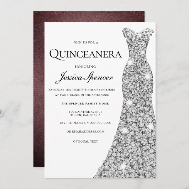 Convite Silver Sparkle Vress Velvet Quinceanera Convide (Frente/Verso)