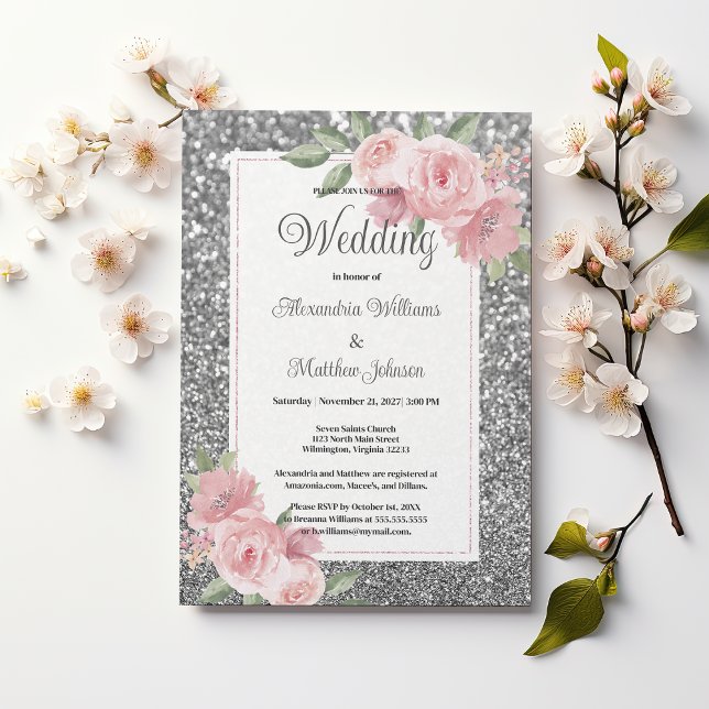 Convite Silver sparkly glitter pink floral Wedding  (Silver sparkly glitter pink floral Wedding )