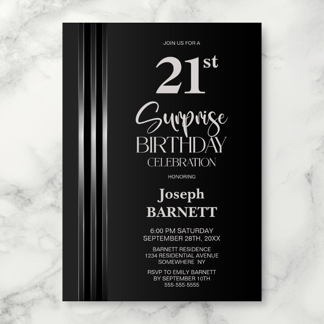 Convite Silver Striped Black Grey 21st Surprise Birthday (Criador carregado)