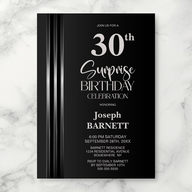 Convite Silver Striped Black Grey 30th Surprise Birthday (Criador carregado)