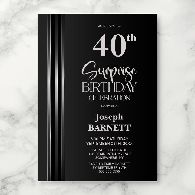 Convite Silver Striped Black Grey 40th Surprise Birthday (Criador carregado)