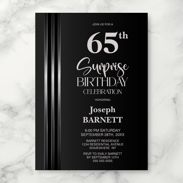 Convite Silver Striped Black Grey 65th Surprise Birthday (Criador carregado)