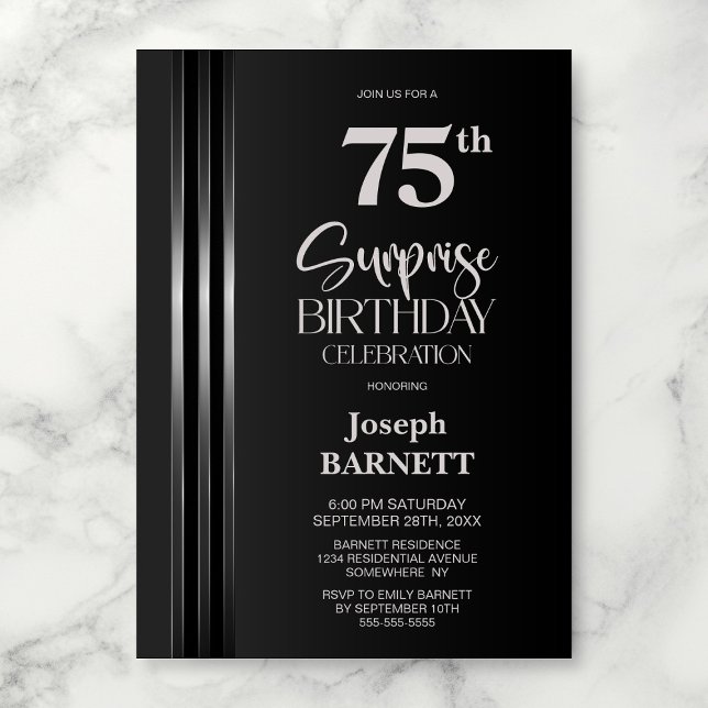 Convite Silver Striped Black Grey 75th Surprise Birthday (Criador carregado)