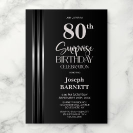 Convite Silver Striped Black Grey 80th Surprise Birthday