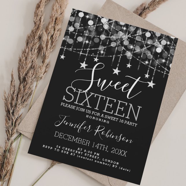 Convite Silver Sweet 16 Birthday Sparkly String Lights (Silver Sweet 16 Birthday Sparkly String Lights Invitation)