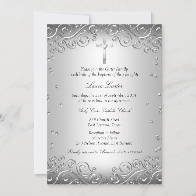 Convite Silver Swirl & Cross Baptism/Christening (Frente)