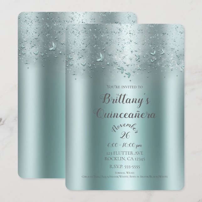Convite Silver Teal Aqua Flutter Butterfly Quinceañera (Frente/Verso)