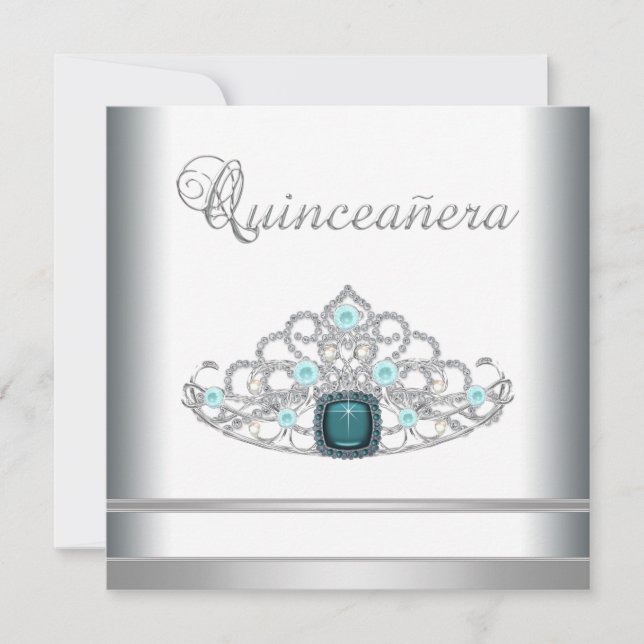 Convite Silver Tiara Teal Blue Quinceanera (Frente)