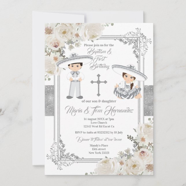 Convite Silver Twin Mexicano Baptism Birthday Floral (Frente)