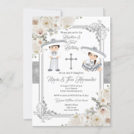 Convite Silver Twin Mexicano Baptism Birthday Floral