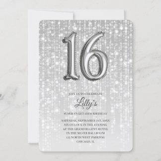 Convite Silver Twinkle Lights Foil Balão 16º Aniversário