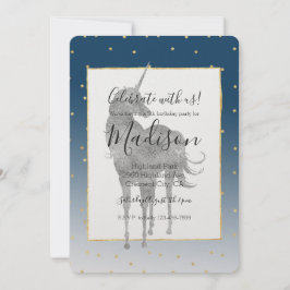 Convite Silver Unicorn Brilhante Brilhante Estrelas Dourad