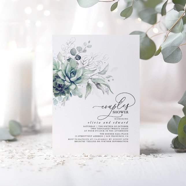 Convite Silver Verde Suculto Deixa Chá de Casais (Silver Succulents Greenery Couples Shower Invitations)