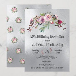Convite Silver Watercolor Floral, Rosa congelado Aniversár