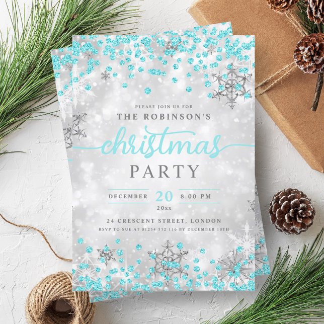 Convite Silver Winter Diamantes, Turquesa de Natal (Silver Winter Diamonds Christmas Turquoise Invitation)