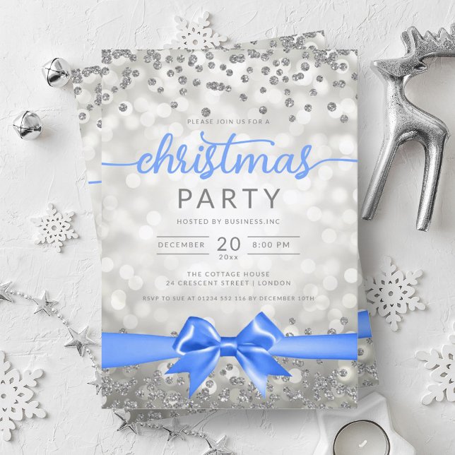 Convite Silver Winter Glam Company Xmas Blue Ribbon (Silver Winter Glam Company Xmas Blue Ribbon Invitation)
