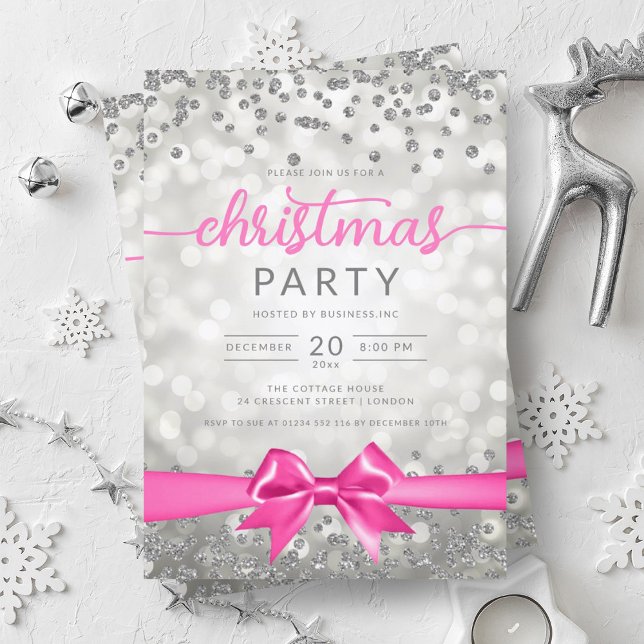 Convite Silver Winter Glam Company Xmas Hot Pink Ribbon (Silver Winter Glam Company Xmas Hot Pink Ribbon Invitation)