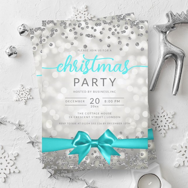 Convite Silver Winter Glam Company Xmas Turquoise Ribbon (Silver Winter Glam Company Xmas Turquoise Ribbon Invitation)