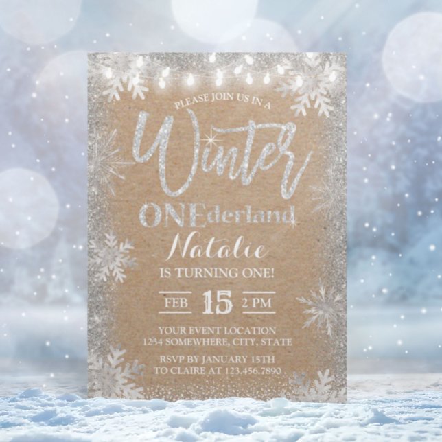 Convite Silver Winter ONEderland 1rua Rustic Kraft Anivers (Criador carregado)
