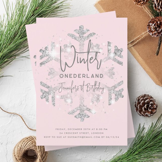 Convite Silver Winter ONEDERLAND Birthday Blush (Silver Winter ONEDERLAND Birthday Glitter Blush Invitation)