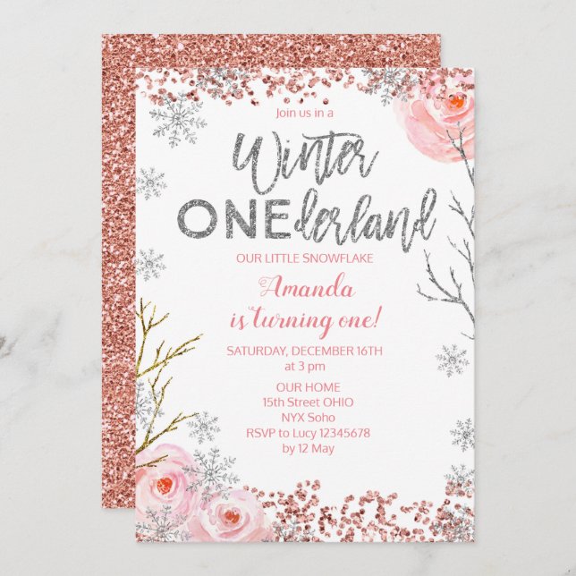Convite Silver Winter ONEderland First Birthday Invite (Frente/Verso)