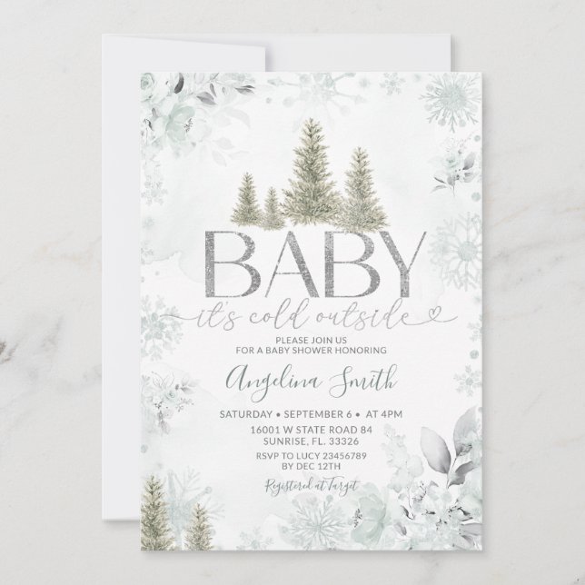 Convite Silver Winter Sage Forest Christmas Baby Shower (Frente)