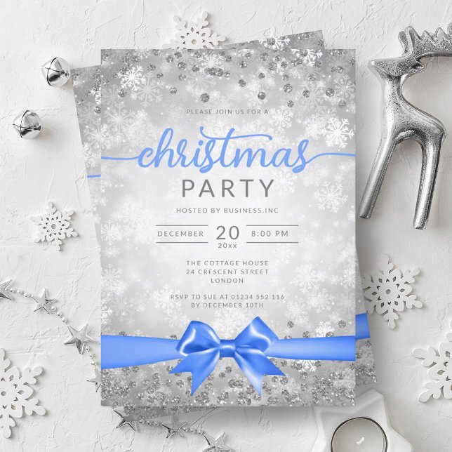 Convite Silver Winter Snowflakes Company Blue Ribbon (Silver Winter Snowflakes Company Blue Ribbon Invitation)
