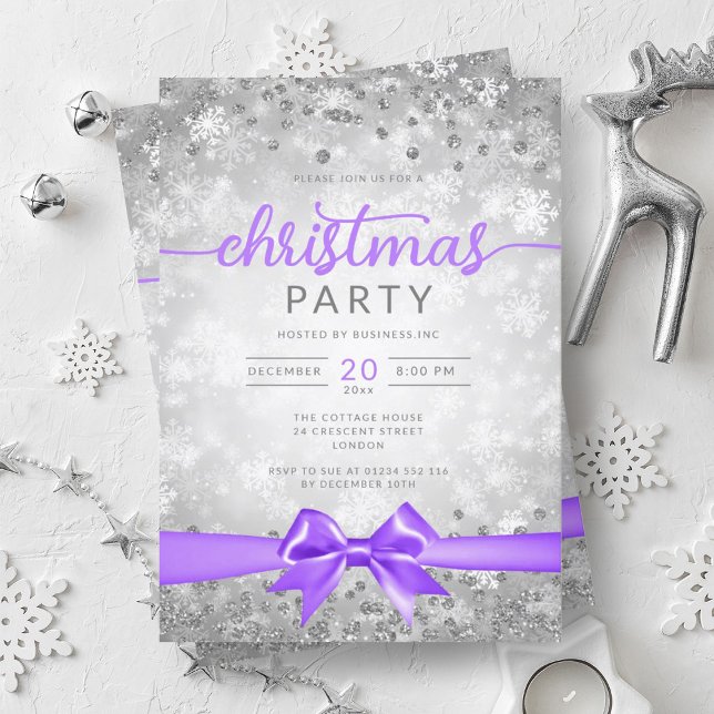 Convite Silver Winter Snowflakes Company Roxo Ribbon (Silver Winter Snowflakes Company Purple Ribbon Invitation)