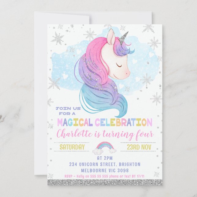 Convite Silver Winter Unicorn Rainbow Birthday (Frente)