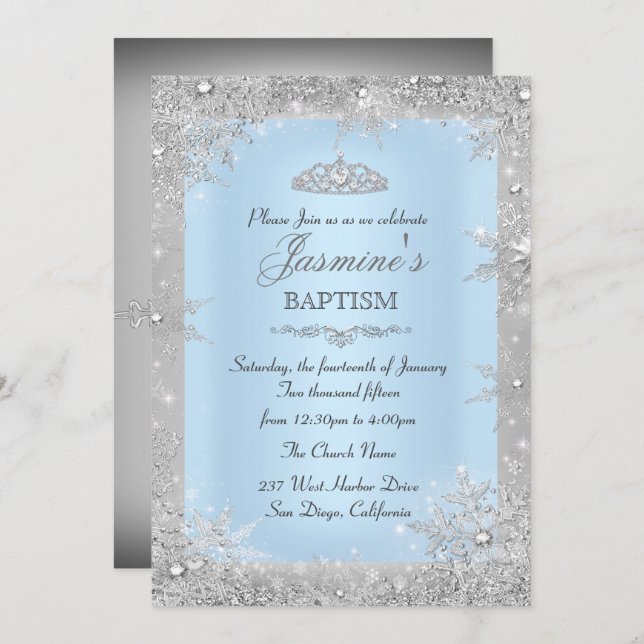 Convite Silver Winter Wonderland Blue Baptism Christening (Frente/Verso)
