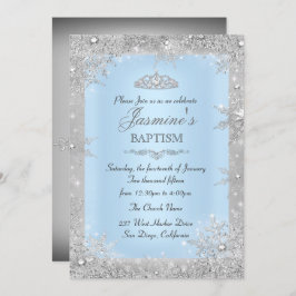 Convite Silver Winter Wonderland Blue Baptism Christening