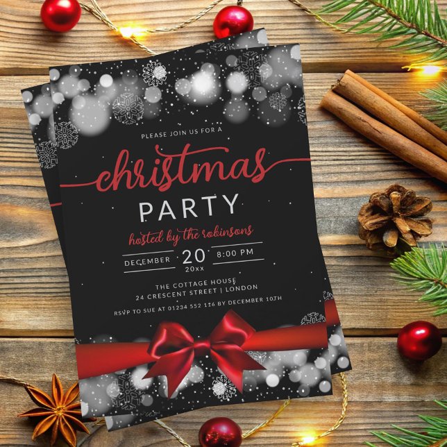 Convite Silver Winter Wonderland Family Xmas Red Ribbon (Silver Winter Wonderland Family Xmas Red Ribbon Invitation)