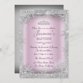 Convite Silver Winter Wonderland Pink Baptism Christening